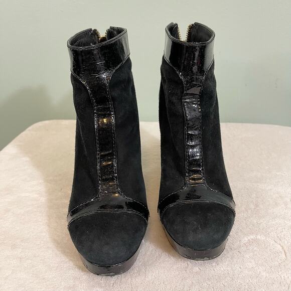 TORY BURCH Booties Womens 5.5 Suede Leather Zip Pull On Block High Heel Black - Picture 2 of 13